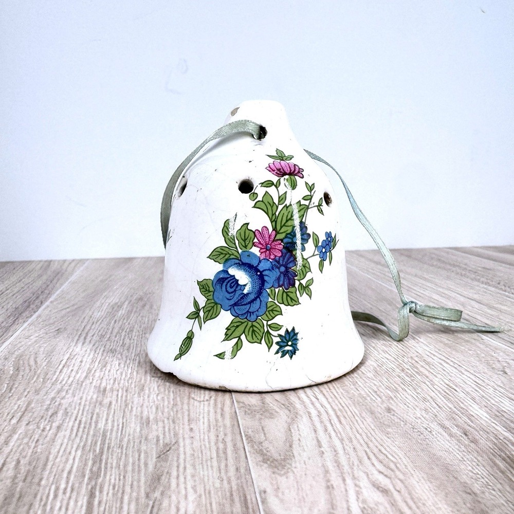 Polish Pottery Bell Ornament Blue Floral Bouquet Ceramic‎ Hanging Decor READ